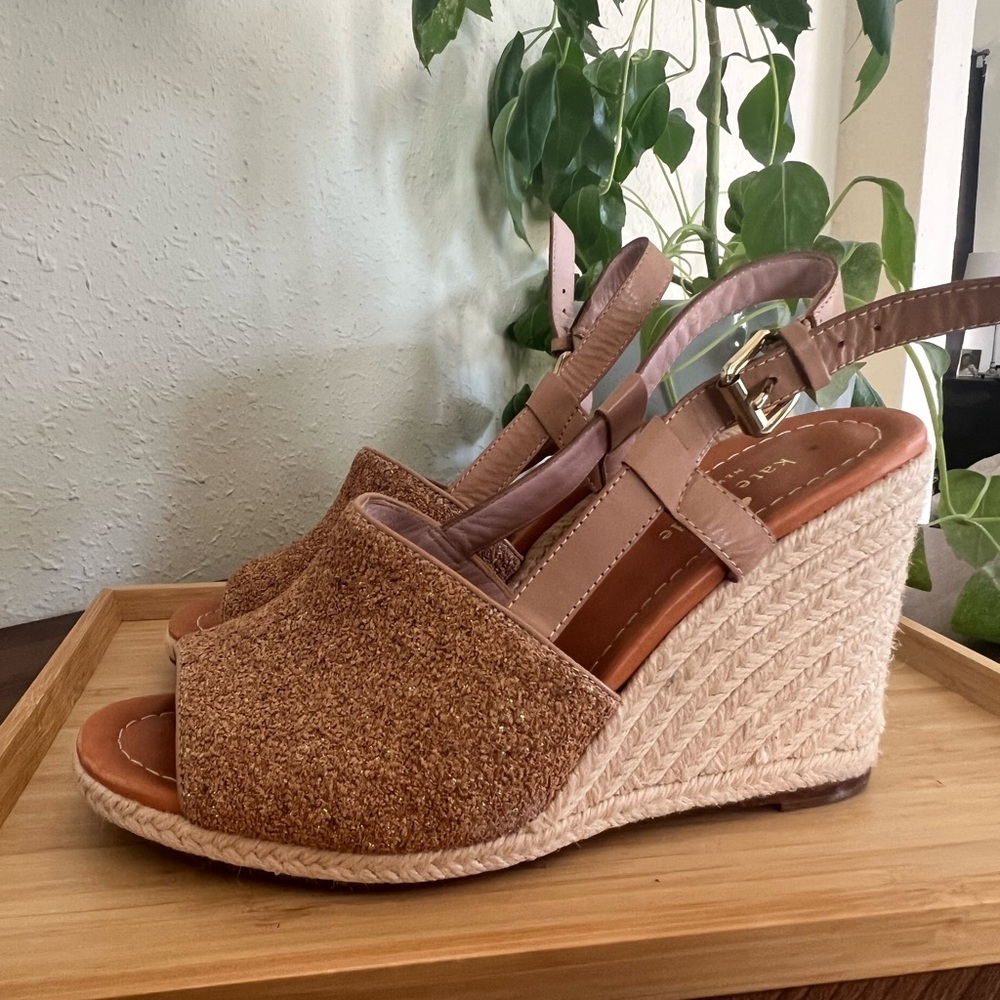 Kate Spade Beacon Gold Glitter Espadrilles Wedge Sandals 9M